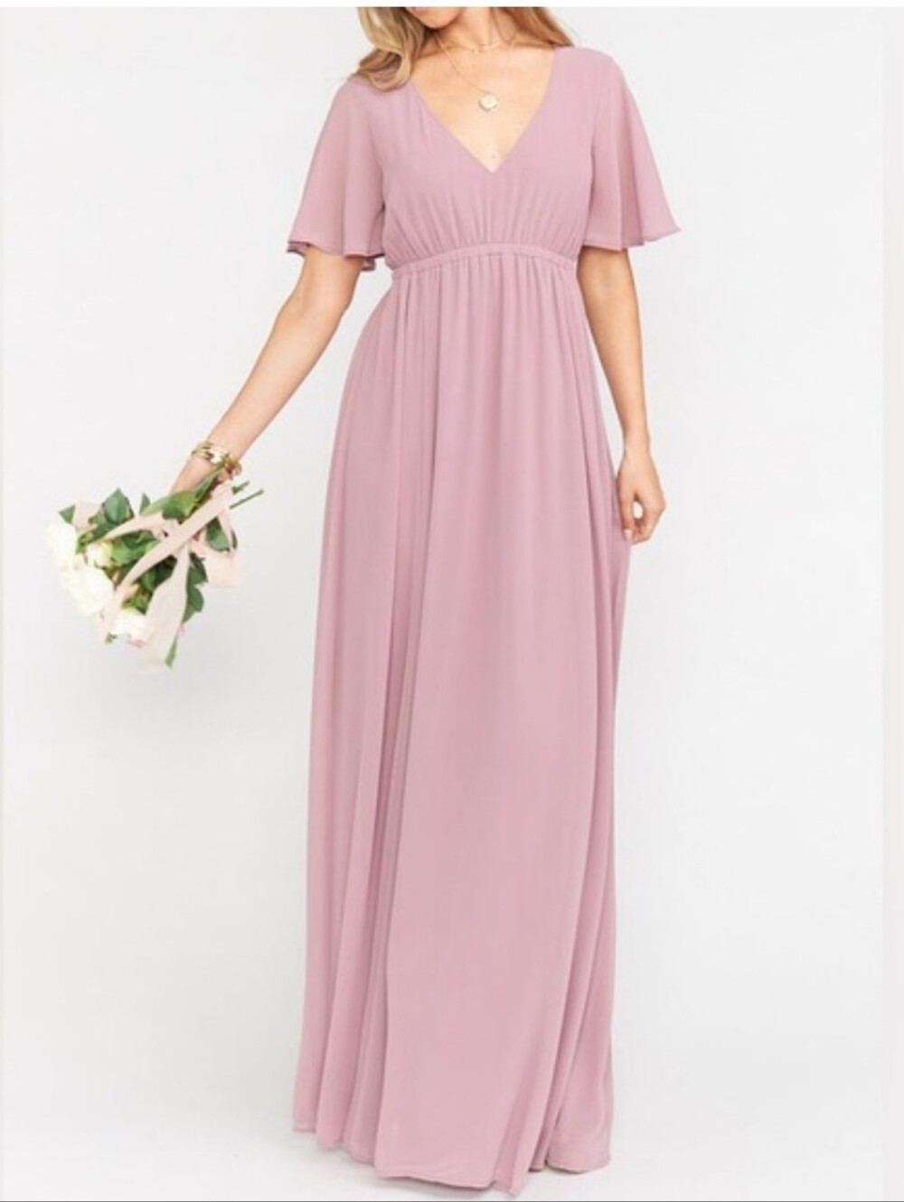 Blush Pink V-Neck Flutter Sleeve Maxi Dress